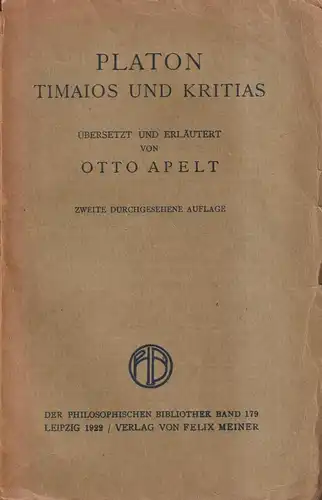 Buch: Timaios und Kritias, Platon, Otto Apelt, 1922, Verlag Felix Meiner