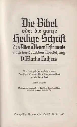 Biblia: Die Bibel oder die ganze Heilige Schrift, Martin Luther, 1950, EVA