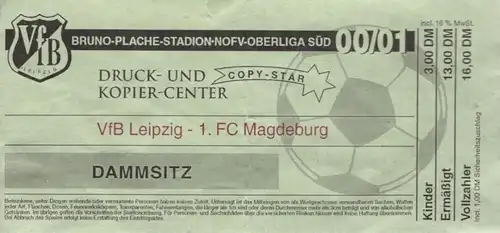 VfB Leipzig - 1. FC Magdeburg. Ticket 2001. 2001, gebraucht, gut