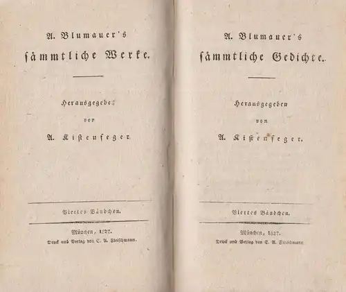 Buch: Sämmtliche Gedichte Band 1-4. Blumauer, A., 1827, Fleischmann, 2 in 1 Bde