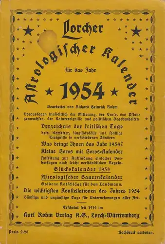 Buch: Lorcher Astrologischer Kalender für das Jahr 1954, Rohm, Karl Rohm Verlag