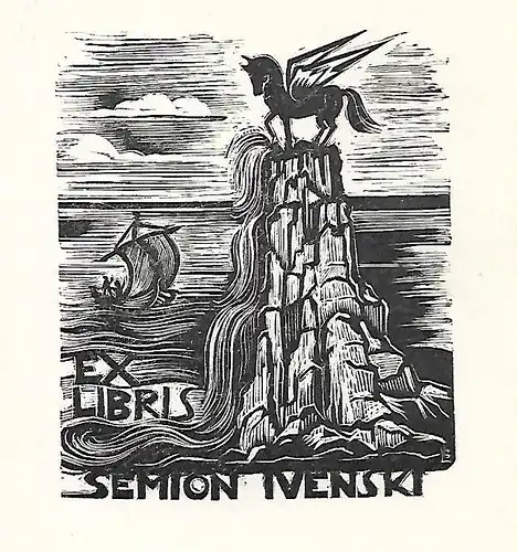 Original Holzschnitt Exlibris: Semion Ivenski, Pegasus, Felsen, Schiff, gut
