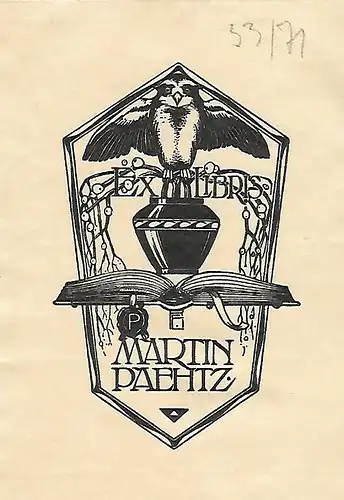 Original Grafik Exlibris: Martin Paehtz, Eule, Buch, Vase, gebraucht, gut