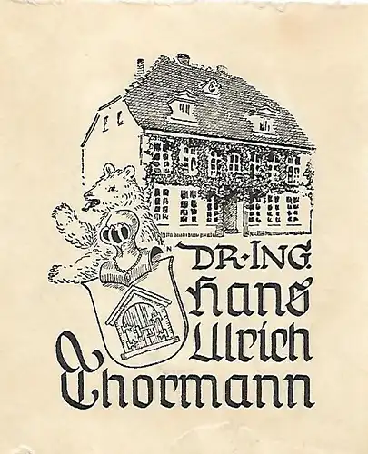 Original Druck Exlibris: Dr. Ing. Hans Ulrich Thormann, Bär, Wappen, gut