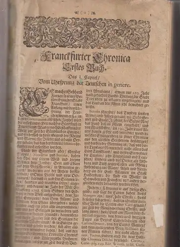 Buch: Chronik von Franckfurt am Main, Gebhard / Lersner, 1706, Selbstverlag, gut