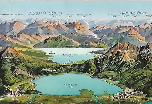 AK Karwendel-Gebirge. Kochelsee. Waldensee. Wetterstein-Gebirge. ca. 1927