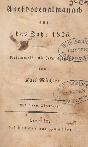 Buch: Anekdotenalmanach auf das Jahr 1826, Müchler, Karl. Anekdotenalmanach
