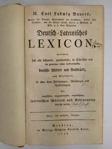 Buch: Deutsch-Lateinisches Lexicon, Carl Ludwig Bauer, 1798, Wilh. Gott. Korn