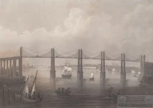Die Kettenbrücke über die Dordogne. aus Meyers Universum, Stahlstich. 1850