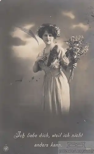 AK Hübsches junges Fräulein mit Blumen, Postkarte. Fotokarte, 1912
