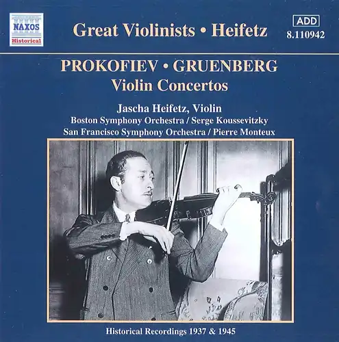 CD: Jascha Heifetz - Violin Concertos, Prokofiev, Gruenberg, 2000, Naxos, Musik