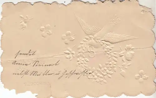 AK: Hochzeitskarte, Taube mit Ringen und Blumen, ca. 1900, gebraucht, gut, Karte