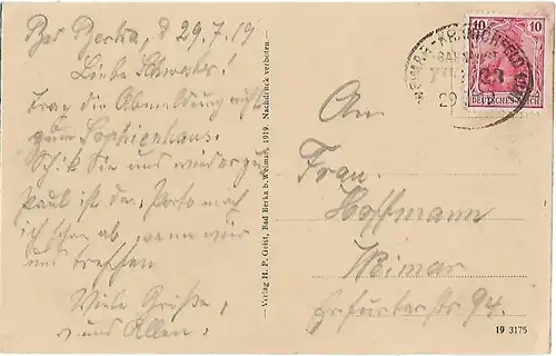 AK Bad Berka b. Weimar. Thüringer Hof. ca. 1919, Postkarte. Serien Nr, ca. 1919