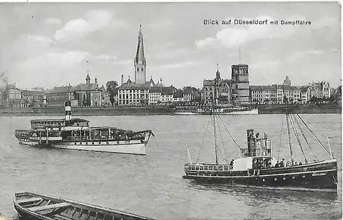 AK Blick auf Düsseldorf mit Dampffähre. ca. 1909, Postkarte. Ca. 1909