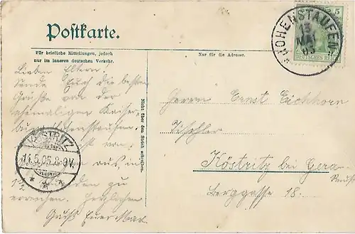 AK Gruss aus Hohenstaufen. ca. 1905, Postkarte. Ca. 1905, gebraucht, gut