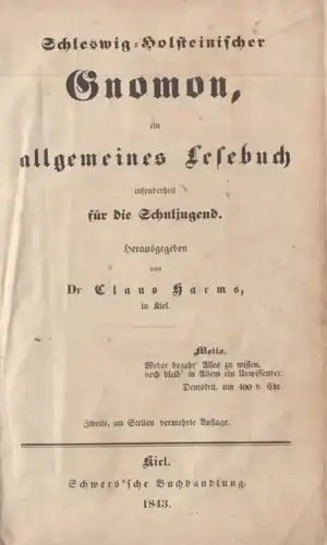 Buch: Schleswig-Holsteinischer Gnomon, Harms, Claus. 1845, gebraucht, gut
