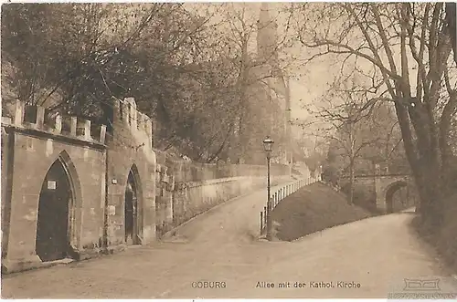 AK Coburg. Allee mit der Kathol. Kirche. ca. 1913, Postkarte. Ca. 1913