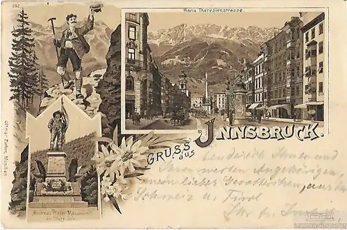 AK Gruss aus Innsbruck. ca. 1897, Postkarte. Ca. 1897, Verlag Ottmar Zieher