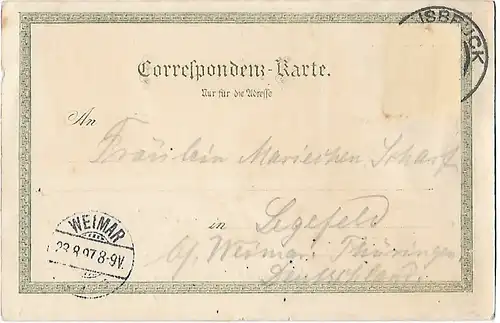 AK Gruss aus Innsbruck. ca. 1897, Postkarte. Ca. 1897, Verlag Ottmar Zieher