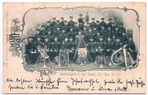 AK Militärkapelle 4. Kgl. Sächs. Inf.-Reg. Nr. 103. Postkarte, 1903, Robert Süss