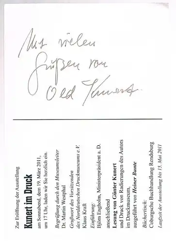 Günter Kunert. Autogrammkarte. Signiert, Autogrammkarte. 2011, gebraucht, gut