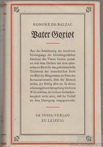 Buch: Vater Goriot, Balzac, Honore de. 1950, Insel-Verlag, gebraucht, gut