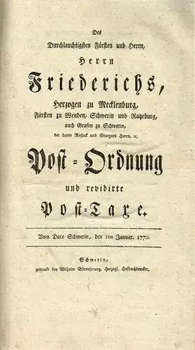 Buch: Post-Ordnung und revidierte Post-Taxe, Friedrich, Herzog zu Mecklenburg