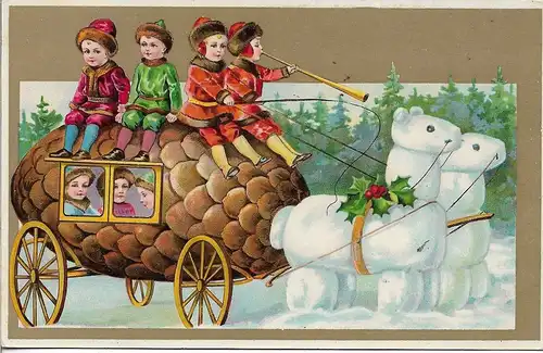 AK 3 Kinder im Winter auf Schlitten. ca. 1930, Postkarte, gebraucht, gut