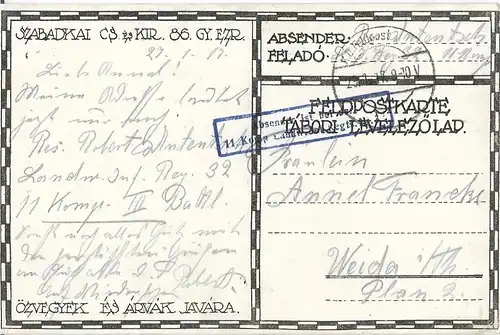 AK Zarandoklas a Hösök Sirjahoz. ca. 1917, Postkarte. Ca. 1917, gebraucht, gut