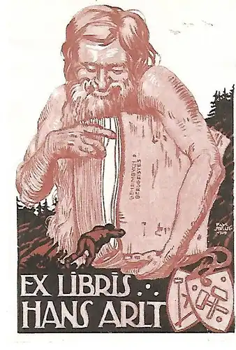 Original Grafik Exlibris: Hans Arit, Buch, Alter Mann, Hammer, Wappen, gut