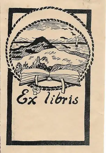 Original Druck Exlibris: Aufgeschlagenes Buch. Landschaft, See, Schiff, gut