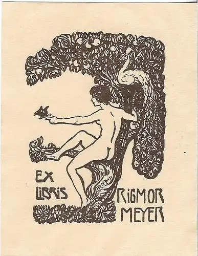 Original Druck Exlibris: Rigmor Meyer, Akt, Baum, Pfau, gebraucht, gut