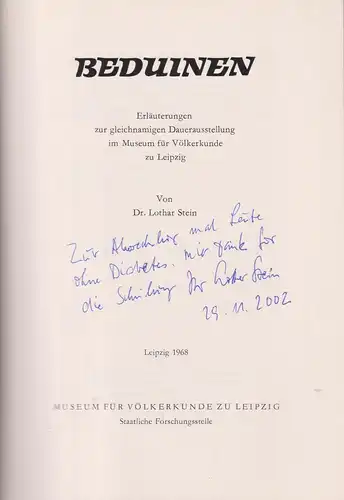 Buch: Beduinen. Stein, Lothar. 1968, Museum für Völkerkunde zu Leipzig, signiert