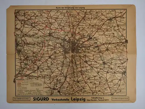 Landkarte: Karte der Umgebung von Leipzig, Werbung SIGURD Verkaufsstelle Leipzig