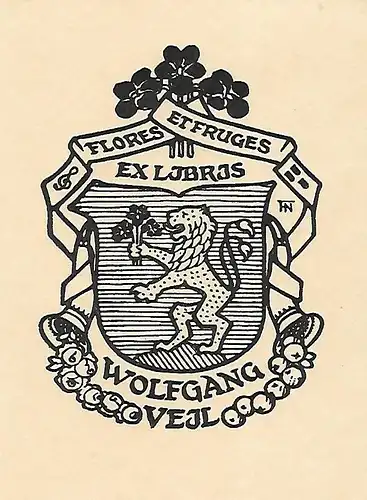 Original Hochdruck Exlibris: Flores Etfruges. Wolfgang Vejl, Löwe, Wappen, gut