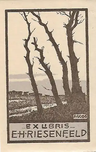 Original Druck Exlibris: E. H. Riesenfeld. A.K. 06, Landschaft, Baum, gut