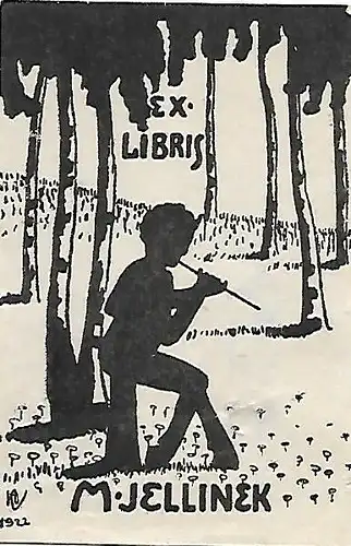 Original Druck Exlibris: M. Jellinek, Pan, Wald, Junge, Flöte, gebraucht, gut