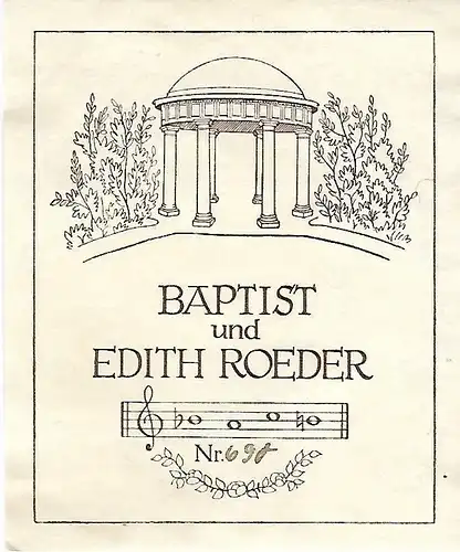 Original Druck Exlibris: Baptist und Edith Roeder, Noten, Tempel, gut