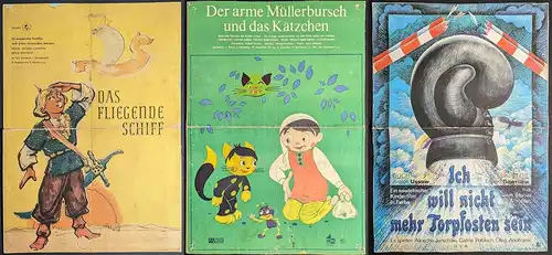 3 Plakate Kino: Das fliegende Schiff, Müllerbursch und das Kätzchen, Torpfosten