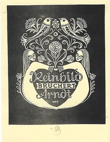 Original Grafik Exlibris: Reinhild Brüchert Arndt, floral, Vögel, Maria Bauer