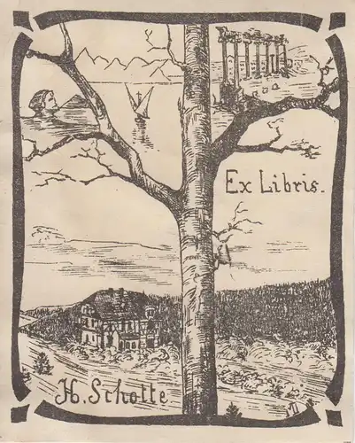 Original Druck Exlibris: H. Schotte, Baum, Haus