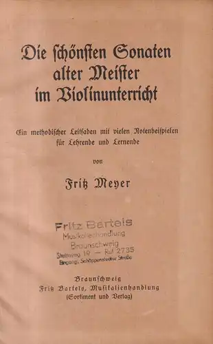 Buch: Die schönsten Sonaten alter Meister im Violinunterricht, F. Meyer, Barthel