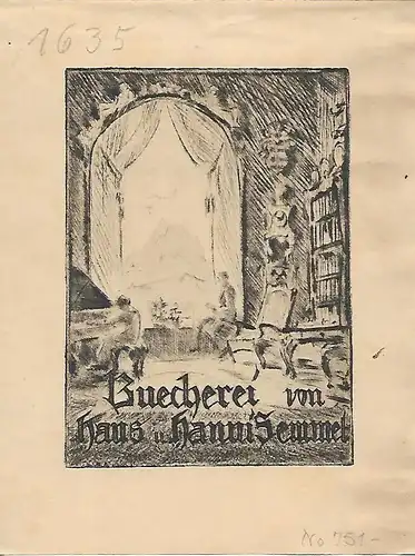 Original Druck Exlibris: Bücherei von Hans u. Hanni Semmel, Bücherei, gut