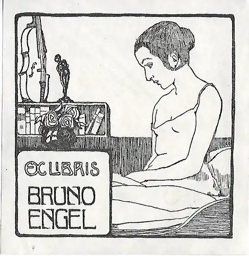 Original Grafik Exlibris: Bruno Engel, Akt, Frau, Violine, Melancholie, gut