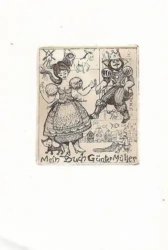 Original Grafik Exlibris: Mein Buch Günter Müller, Märchen, Kinder, König, gut