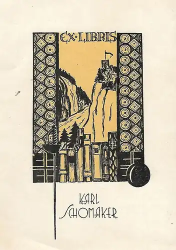 Original Grafik Exlibris: Karl Schomaker, Burg, Bücher, gut