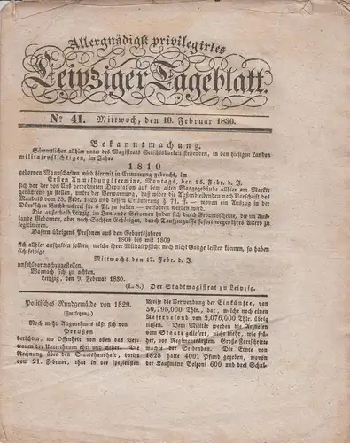 Heft: Leipziger Tageblatt für das Jahr 1830, Nr. 41, Friedrich Richters Wittwe