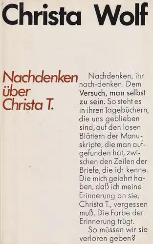 Buch: Nachdenken über Christa T, Wolf, Christa. 1981, Aufbau-Verlag