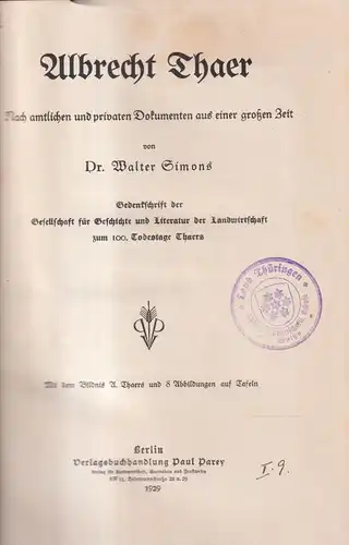 Buch: Albrecht Thaer, Walter Simons, 1929, Paul Parey Verlag, gebraucht, gut