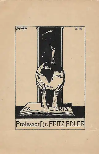 Original Grafik Exlibris: Professor Dr. Fritz Edler, Welt, Hände, Buch, gut